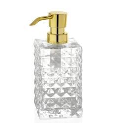 Elegant sæbedispenser i glas med gylden pumpe